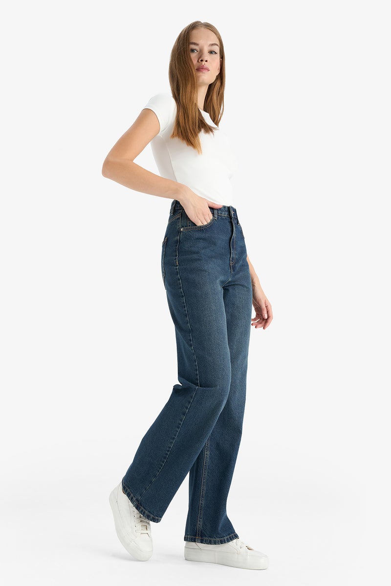 DeFacto Blue Woman 90's Wide Leg High Waist Straight Leg Jeans Casual - Image 3